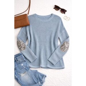 Anama Light Blue Knit Sweater Women's Medium Sequin Elbow Patches Long Sleeve